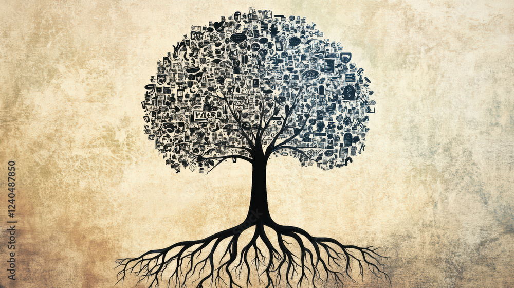 Aufkleber abstract tree with intricate roots and branches filled with various symbols and icons, representing 