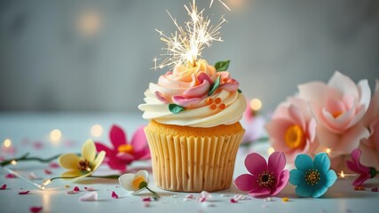 Sparkler-lit table setting featuring a vanilla cupcake adorned with delicate floral patterns and surrounded by colorful paper flowers, table decor, birthday decor,