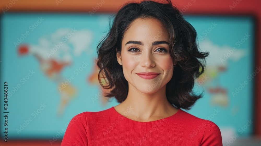 Aufkleber Interactive Weather Graphics for Broadcast Latina Meteorologist, 40, in Minimalist Studio Delivering Digital Climate Insights - Enhancing Business Communications and Tech-Driven Forecasting