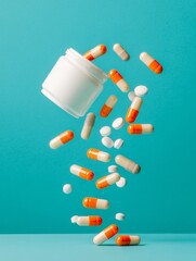 Vibrant Modern Healthcare Aesthetic Scattered Capsules and Prescription Bottle on Pastel Surface - Pharmaceutical Content for Innovative Health Marketing and Lifestyle Integration