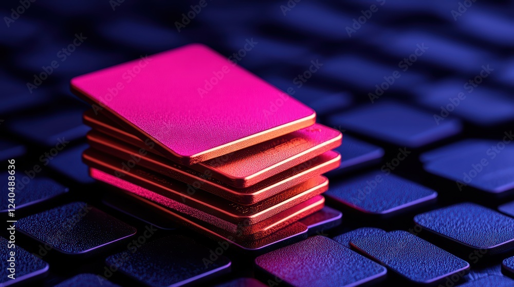 Poster stacked colorful rectangles on a keyboard with neon lighting effects
