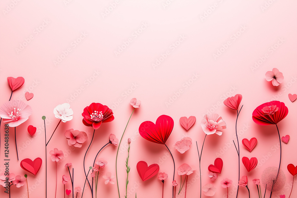 Poster paper cut-style red flowers and heart shapes arranged on soft pink background – elegant flat lay des