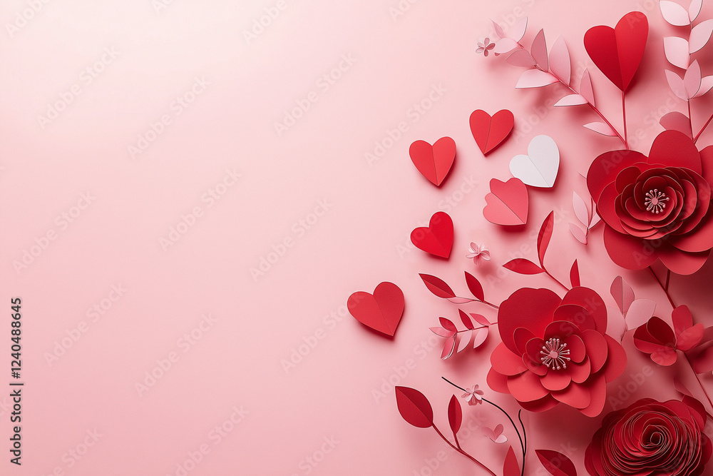 Poster paper cut-style red flowers and heart shapes arranged on soft pink background – elegant flat lay des