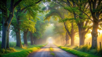 A serene countryside lane shrouded in misty morning fog, surrounded by lush greenery and towering trees, with a soft bokeh glow illuminating the scene , mystical, countryside