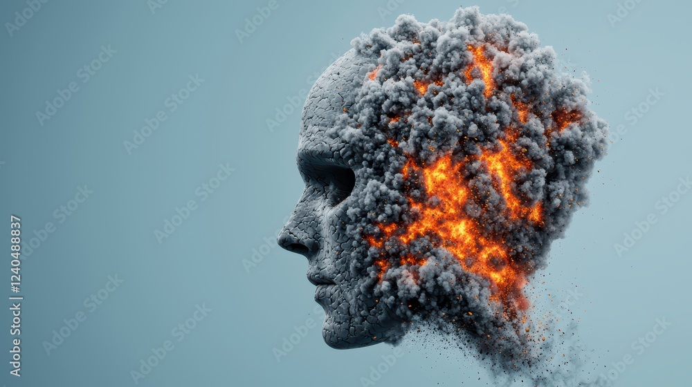 Poster abstract representation of human face with exploding cloud concept