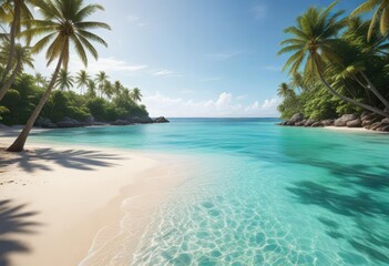 Palm tree-lined sandy beach with crystal-clear turquoise water and a coral reef in the background, shore, palm trees, coastal scene