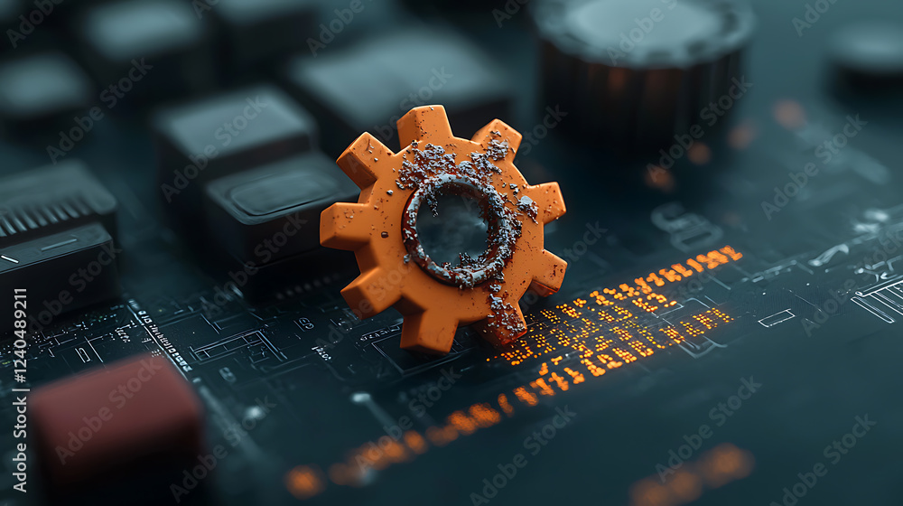Poster technological failure in industrial gears abstract scene digital environment close-up viewpoint repr