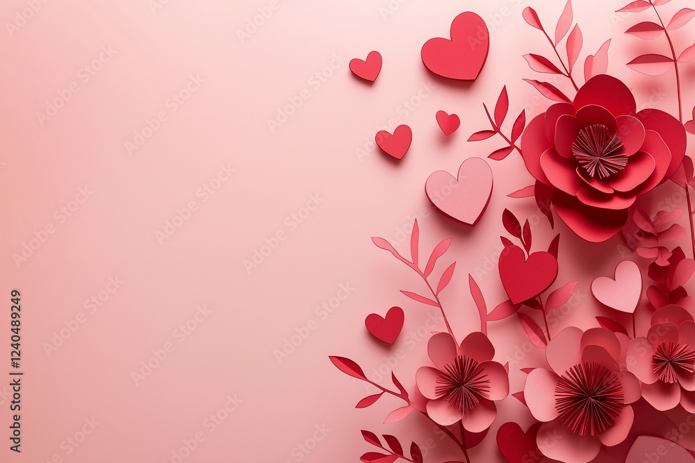 Poster paper cut-style red flowers and heart shapes arranged on soft pink background – elegant flat lay des