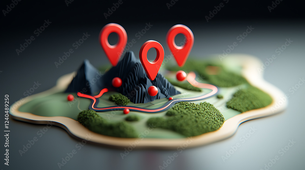 Poster geospatial analysis of abstract gis model with red markers on mountainous landscape digital environm