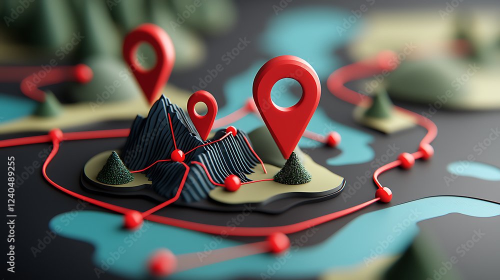 Poster exploring geographic information systems abstract model with red markers digital landscape 3d visual