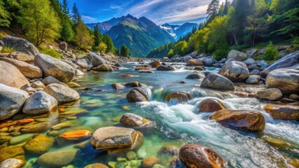 A serene alpine stream with crystal clear water flowing rapidly over smooth rounded stones and rocks of varying sizes in the mountainous landscape, nature, landscape
