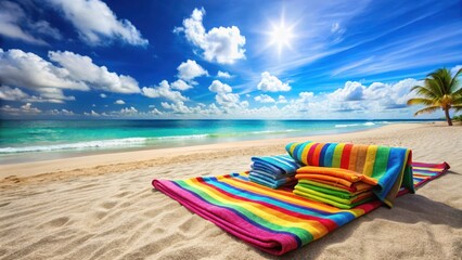 Obraz premium Sunny Sandy Beach with Colorful Towels Spread Out on the Shore, tropical, beach, tropical,beach, landscape, sand, sun