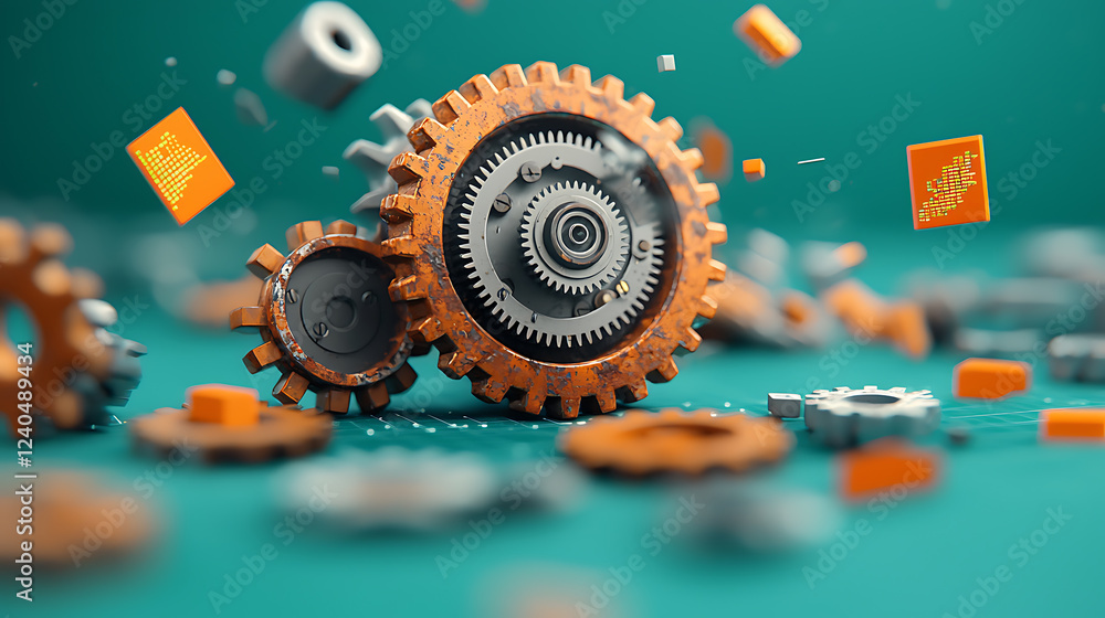 Poster dynamic interaction of rusting gears and glitching elements digital workspace abstract art vibrant t