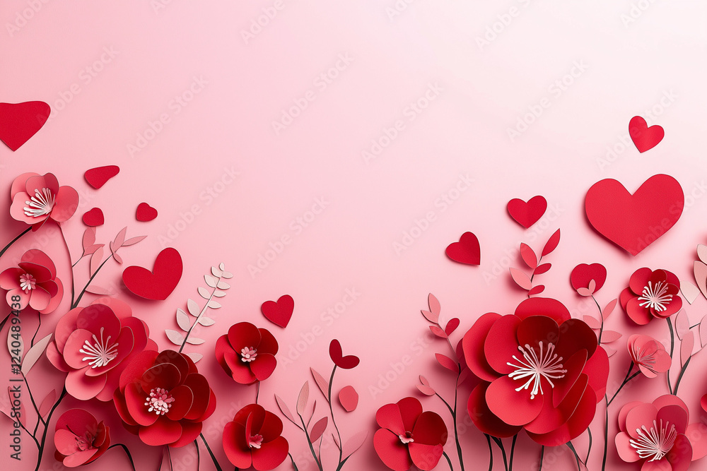 Poster paper cut-style red flowers and heart shapes arranged on soft pink background – elegant flat lay des