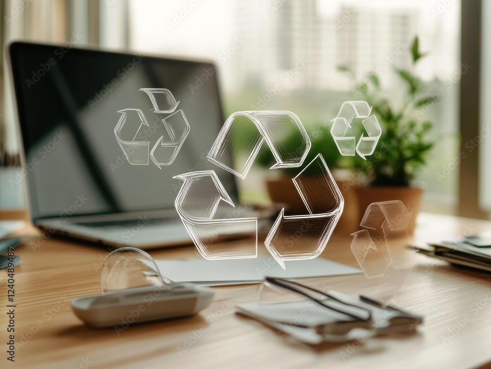 Poster Digital Declutter Aesthetic Streamlined Office Desk with Transparent Recycling Icons - Enhancing Remote Work Productivity and Eco-friendly Practices in Modern Workspaces