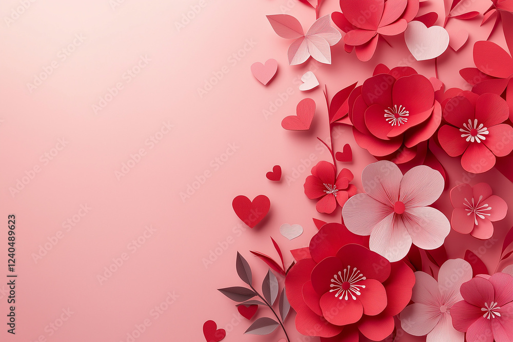 Poster paper cut-style red flowers and heart shapes arranged on soft pink background – elegant flat lay des