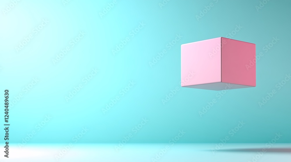 Poster floating pink cube on light background with soft gradient for creative and modern design concepts