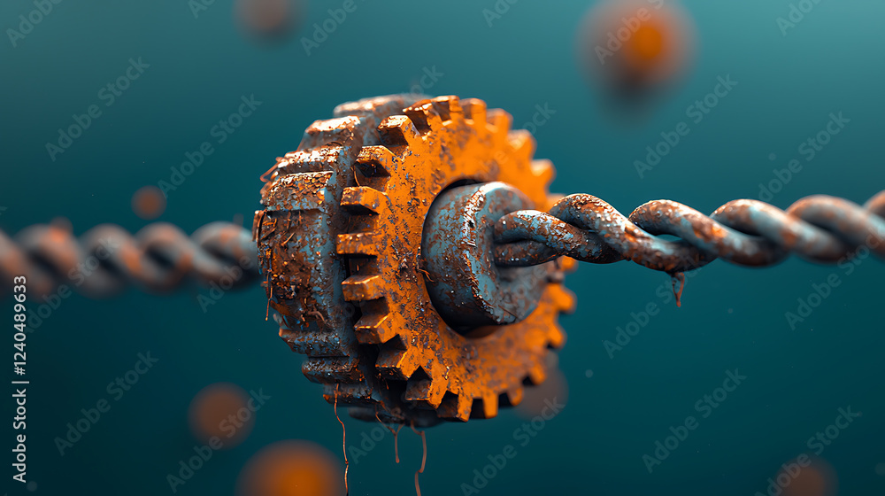 Poster mechanical failure of rusted gears in abstract context industrial setting close-up detail digital ar