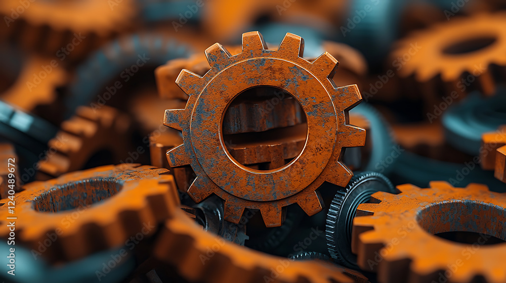 Poster mechanical failure of rusted gears industrial setting abstract image close-up view conceptual art fo