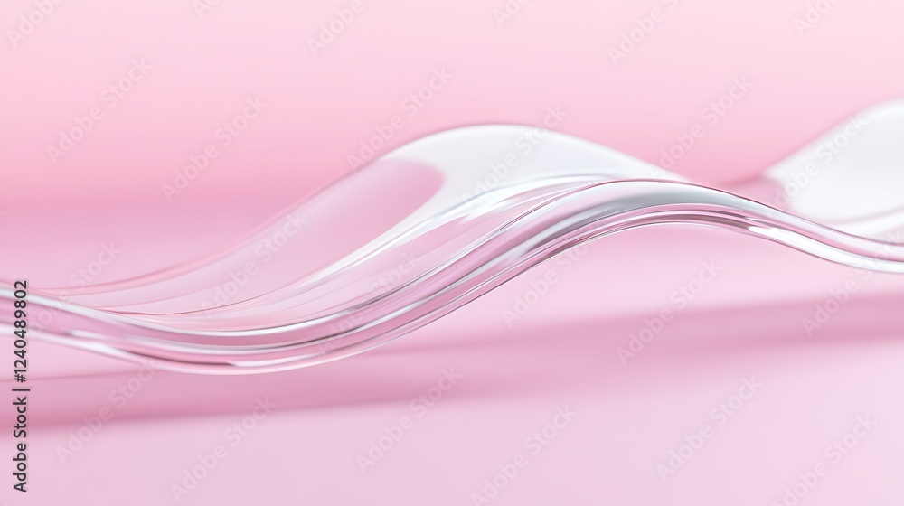 Poster flowing transparent glass waves on soft pink background with subtle reflections and delicate shapes