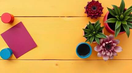 a table with plants, vibrant complementary colors, yellow, green, red, blue, from an aerial perspective showing a top-down view with contrasting colors and balanced tones