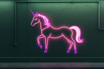A neon unicorn silhouette with glowing pink and violet accents on a matte dark green wall for a whimsical yet chic style.