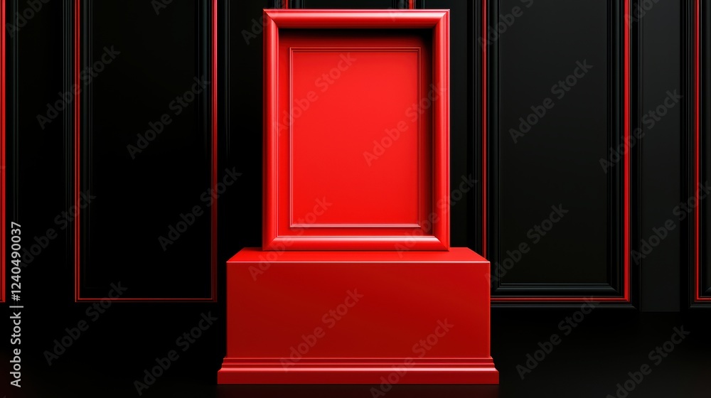 Poster red empty frame displayed on a block against black background