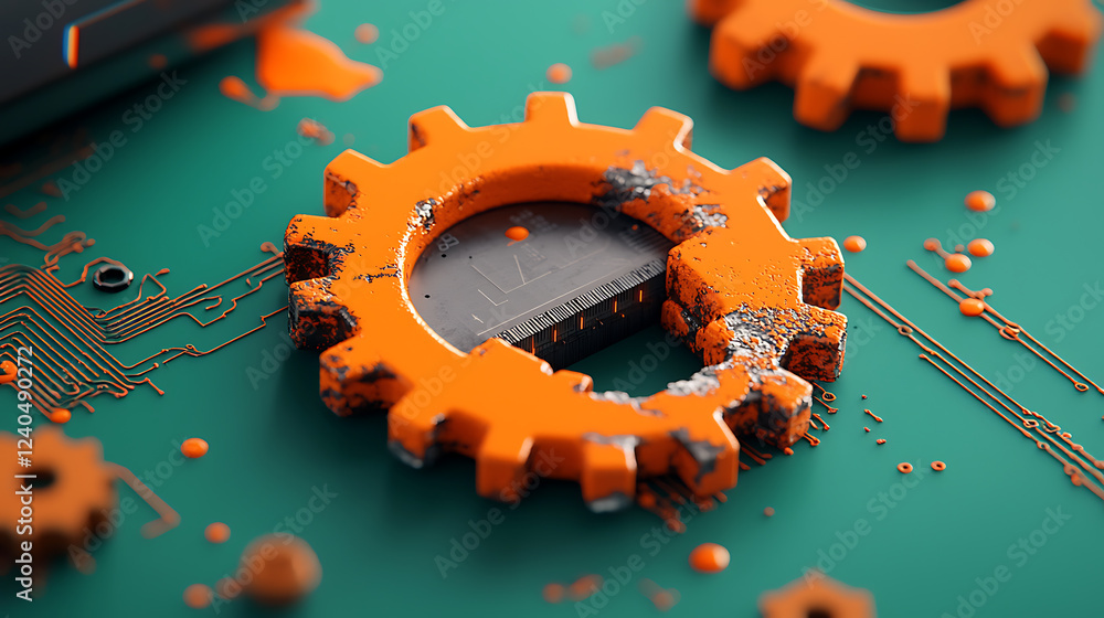 Aufkleber artistic depiction of aging technology gears digital circuit board concept art modern environment cl