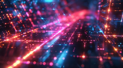 Obraz premium Abstract Digital Background with Bright Neon Lights and Colorful Rays Radiating in a Futuristic Space Environment