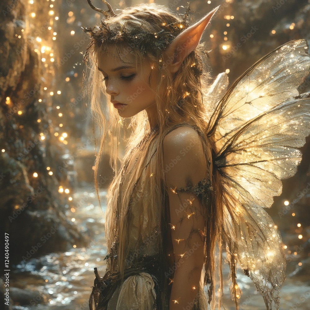 Aufkleber enchanted forest filled flickering fireflies showcases a halfelf halfpixie character with pointed ea