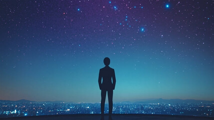 夜空の星とともに屋上で佇むスーツ姿のロボット
