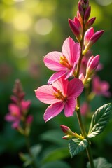 Pink and golden coleonema flowers swaying gently in the breeze, plant, sunlight