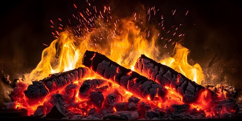 Fiery Embers and Burning Wood in Fireplace