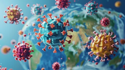 Colorful and Detailed Illustration of Viruses and Earth Globe, Representing Global Health Challenges and Pandemic Situations in Science and Medicine