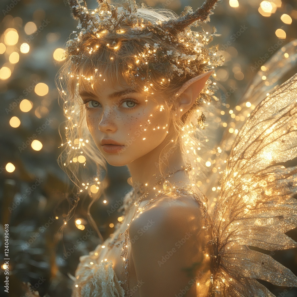 Aufkleber enchanted forest filled flickering fireflies showcases a halfelf halfpixie character with pointed ea
