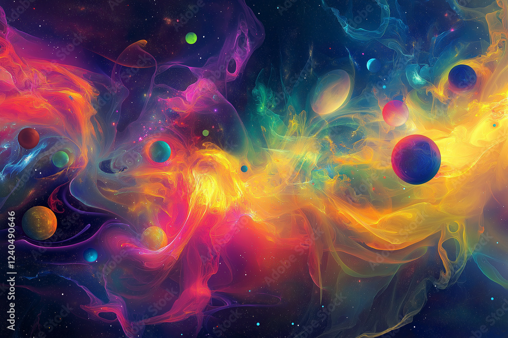 Poster vibrant abstract space background with cosmic planets and celestial elements