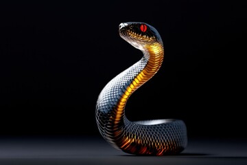 Metallic snake sculpture in dramatic lighting