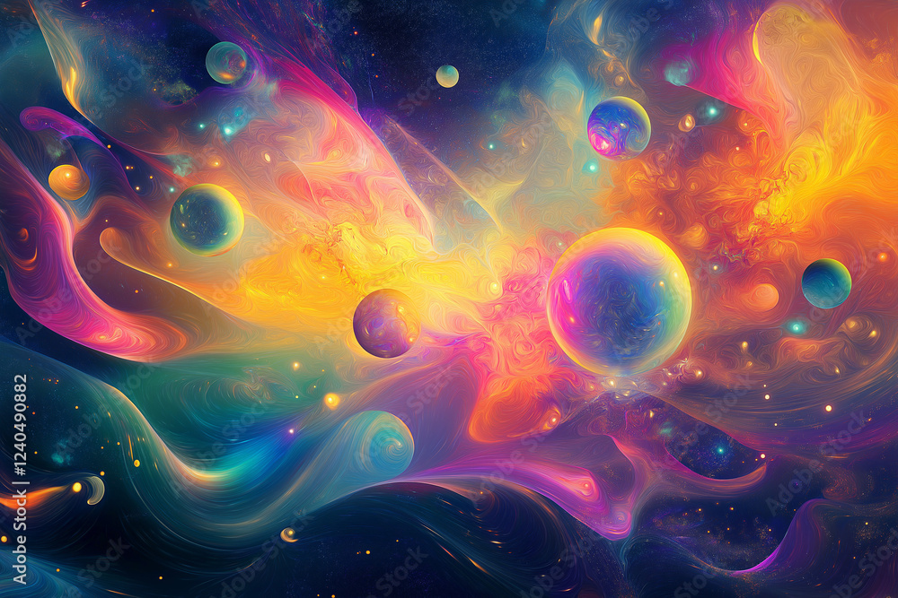 Poster vibrant abstract space background with cosmic planets and celestial elements