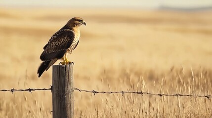 Fototapeta premium Red-tailed hawk perched on a fence post, scanning the ground for prey.