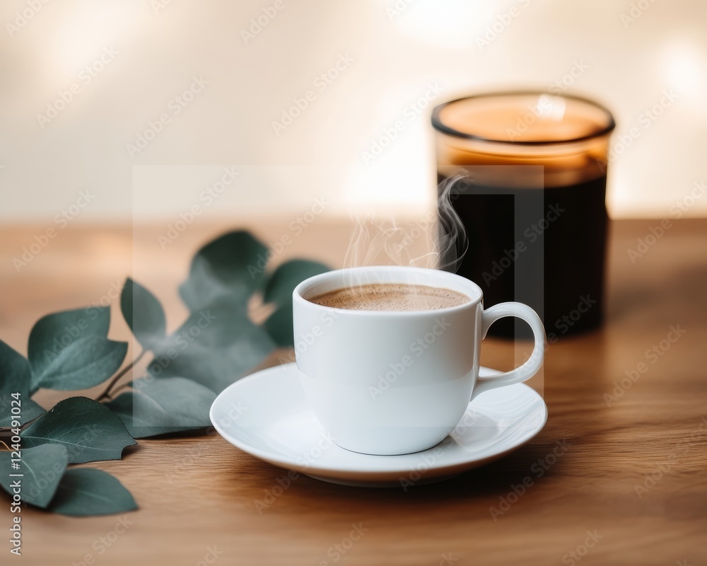 Aufkleber scandinavian minimalist office steaming coffee and greenery on oak desk - modern remote work visual 