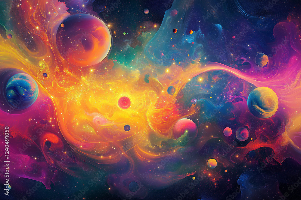 Poster vibrant abstract space background with cosmic planets and celestial elements
