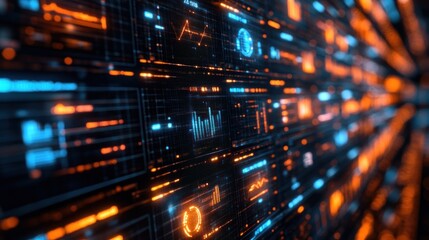 Data stream wall, futuristic server room, glowing graphs, digital background, tech presentation