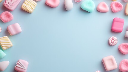 Obraz premium Pastel Colored Sweet Treats on Blue Background with Clear Space for Text or Design Elements