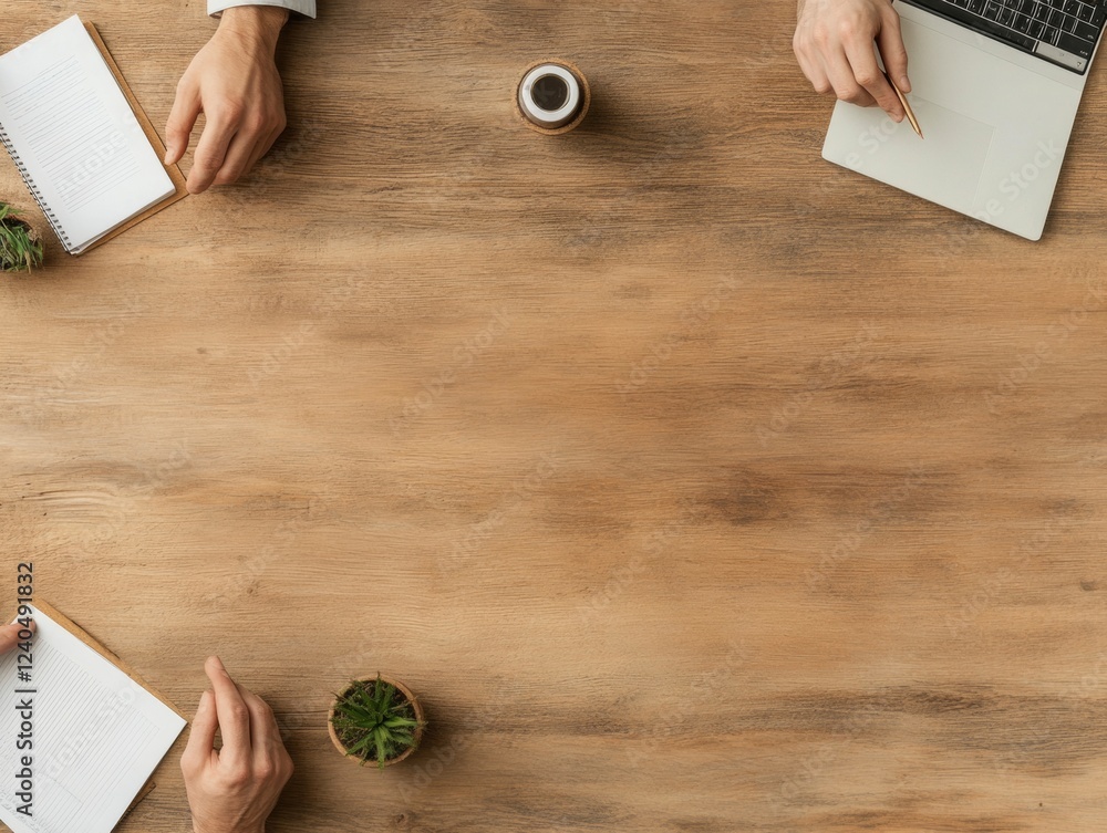 Poster Minimalist Office Table Collaboration Wood Grain Texture with Notebooks and Laptop - Innovative Business Content for Modern Corporate Strategy and Team Dynamics