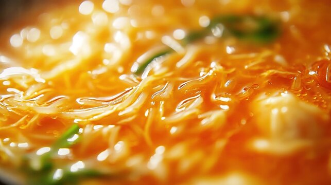 Close-up of kimchi mandu soup, showcasing the vibrant colors and textures of fresh oranges and soft noodles in a rich blend with crystal-clear water droplets