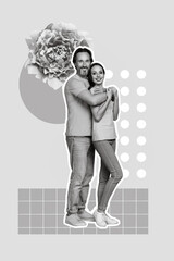Creative artwork poto collage of middle age husband wear casual outfit hug behind his wife smile march gift gerbera isolated on pink background