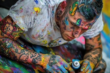 Fototapeta premium Tattooed Street Artist at Work A young street artist covered in colorful ink, creating a massive graffiti mural