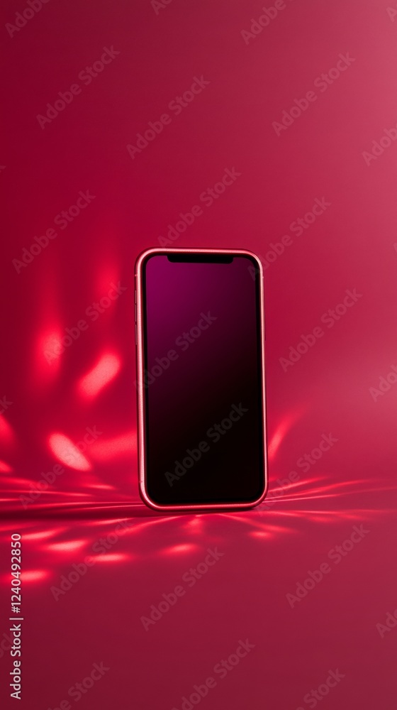 Poster vibrant neon smartphone display reflective red surface with sleek design - tech showcase and innovat