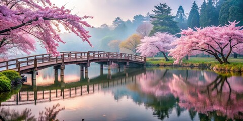 Ancient wooden bridge spans serene lake surrounded by vibrant pink cherry blossom trees on a misty morning , serene atmosphere, lake scenery