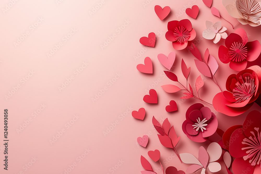 Poster paper cut-style red flowers and heart shapes arranged on soft pink background – elegant flat lay des